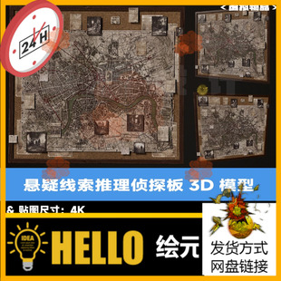 C4D侦探黑板3D模型悬疑推理照片墙Blender疑犯线索侦探板FBX