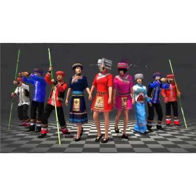 3dmax少数民族苗族布依族划船服饰人物角色有骨骼绑定动画3d模型