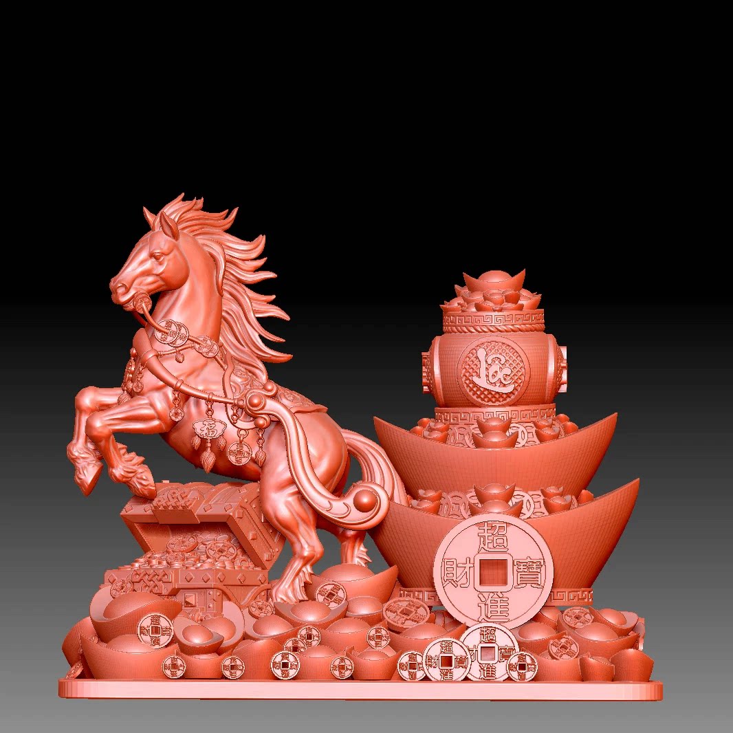 9587马到成功招财进宝2026生肖马圆雕图精三维立体3d打印模型stl