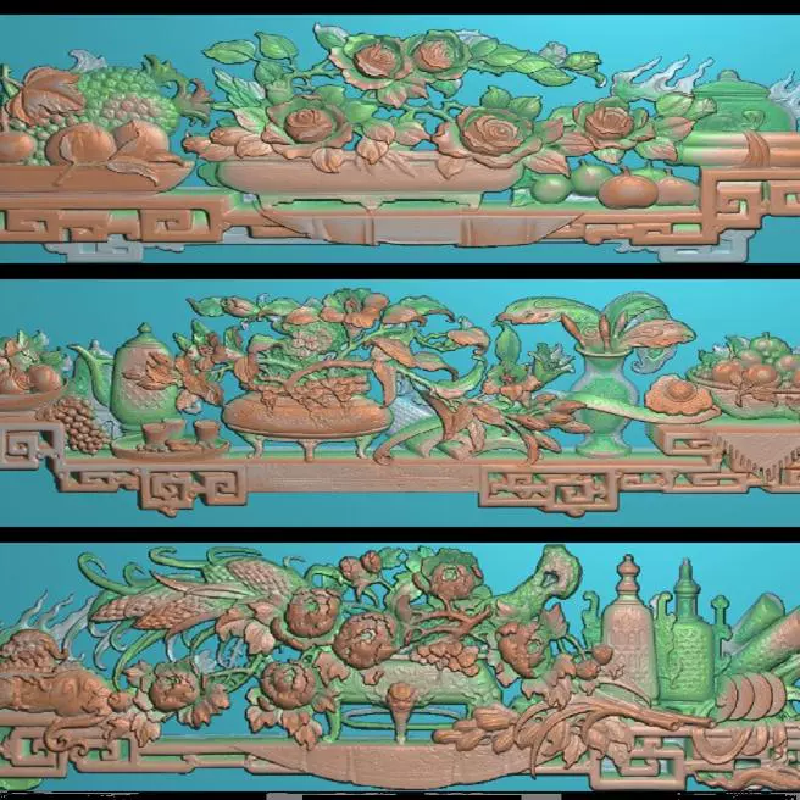 一套扫描图石雕浮雕图牡丹水果精雕图深雕博古花瓶五福丰登横板