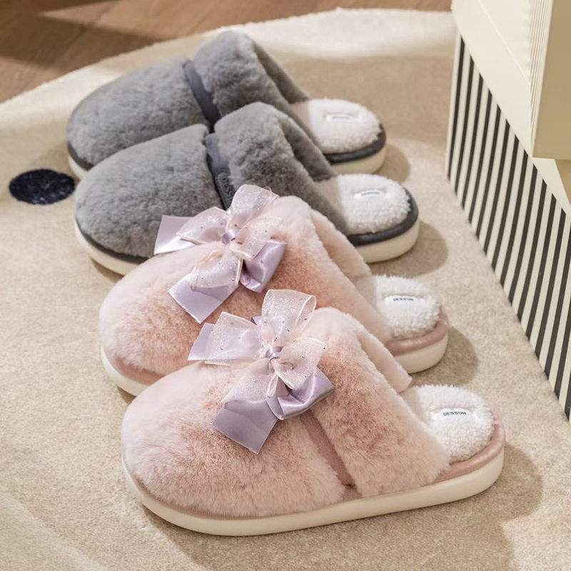 迪盛2025冬季新款蝴蝶结男女情侣棉拖鞋韩版居家防滑厚底地板拖女
