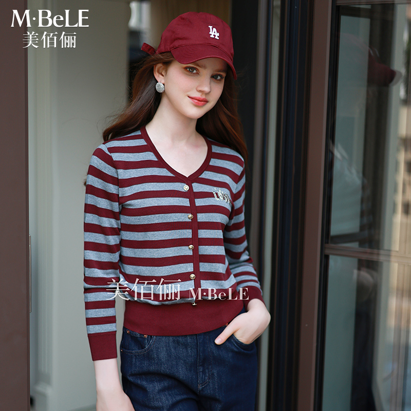 美佰俪品牌莱赛尔天丝撞色条纹宽松休闲针织衫女2025秋季新款上衣