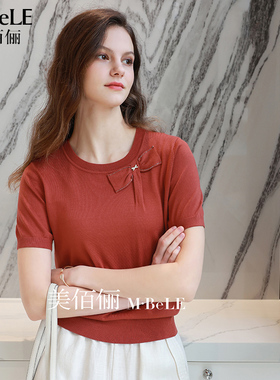 美佰俪天丝砖红色短袖针织衫女2026夏季薄款蝴蝶结烫钻T恤衫上衣