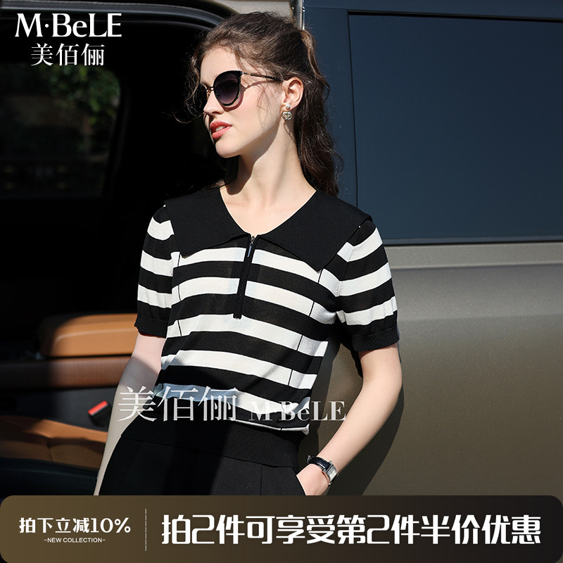【第二件半.价】美佰俪条纹天丝针织衫女夏撞色大翻领设计感上衣