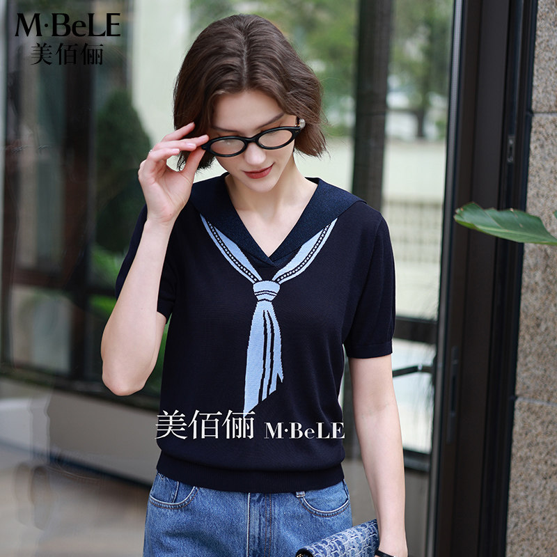 美佰俪2026夏款天丝莱赛尔翻领披肩提花短袖针织衫女显瘦T恤上衣