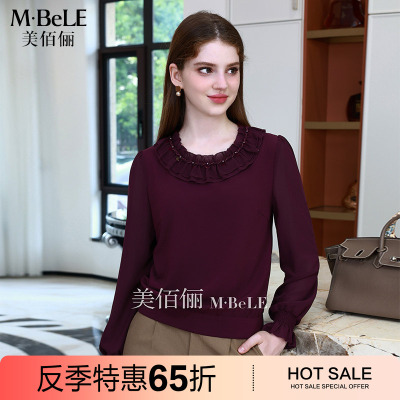 【精致荷叶边重工钉珠圆领雪纺衫】美佰俪2025秋新款长袖雪纺衫女