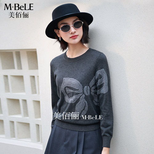 美佰俪圆领蝴蝶结提花羊毛衫2025新款灰色毛衣女设计感小众针织衫