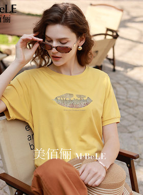 美佰俪2026夏季新款休闲百搭宽松上衣女印花烫钻圆领短袖T恤小衫
