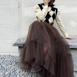 肆四原创蓬蓬半身裙女春夏新款 高腰a字纱裙巧克力色卡其棕中长款