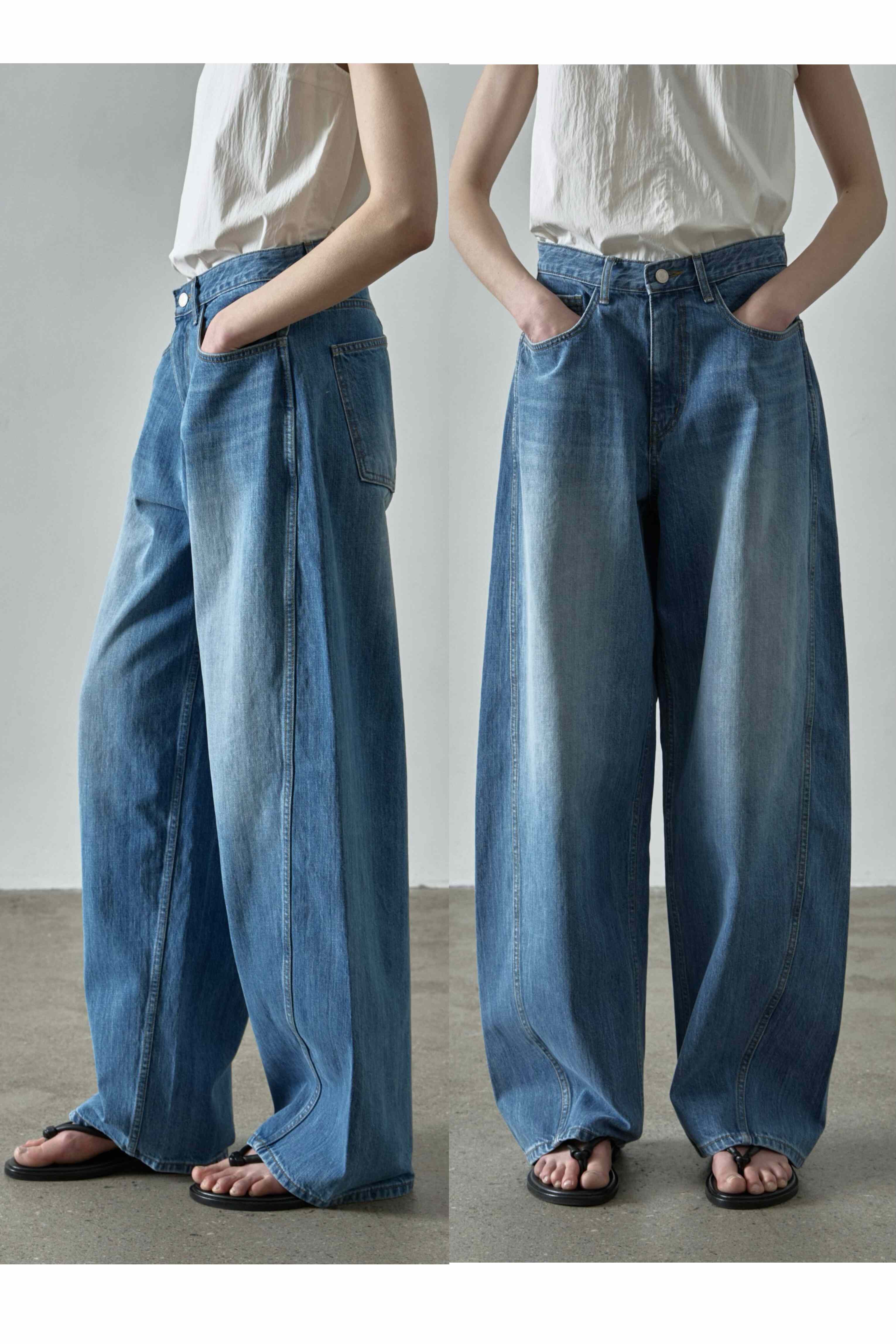 25早秋新款Row复古原色牛仔蓝高腰宽松版立体感女款镰刀牛仔裤