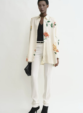 tt*me女装 新款米黄色/橙色印花休闲忍冬图案衬衫