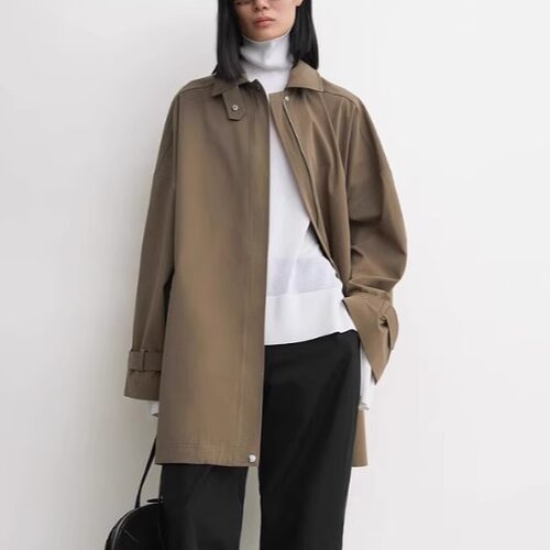 北欧风tt*me25新款茶色纯棉翻领系带扣A字型风衣中长款夹克外套