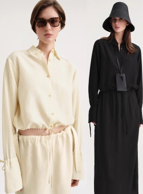 艺术感衬衣~TT家天丝亚麻混纺POLO领长袖抽绳短款衬衫宽松上衣春