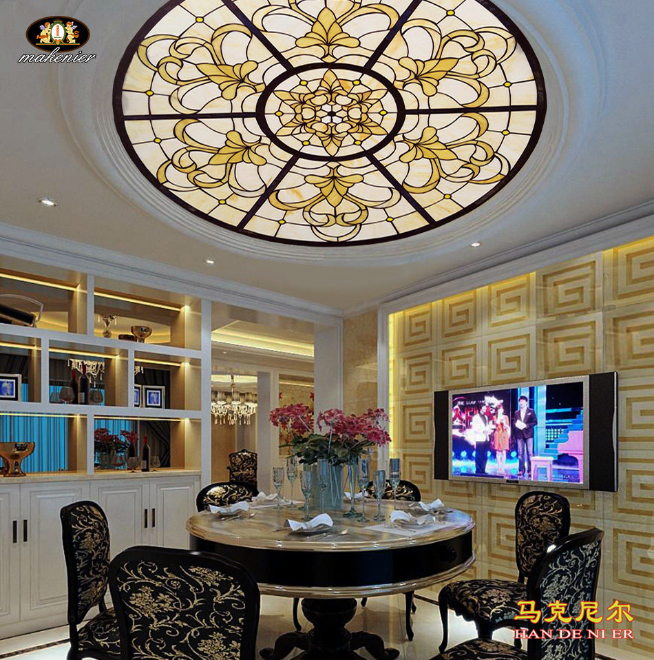 定制玄关过道餐厅圆形吊顶欧式复古典镶嵌蒂凡尼教堂彩色艺术玻璃