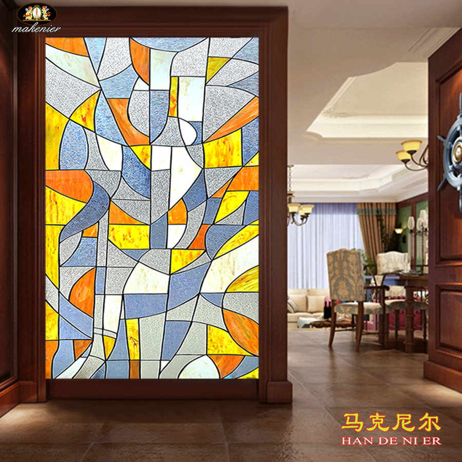 定制玄关隔断推拉门窗镶嵌焊接复古典蒂凡尼几何抽象彩色艺术玻璃