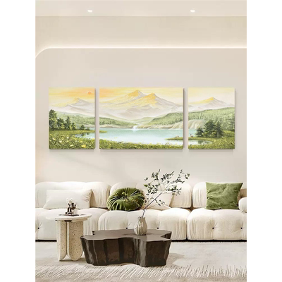 HESD.ART手绘油画《水光山色》客厅三联风景装饰画现代餐厅挂画