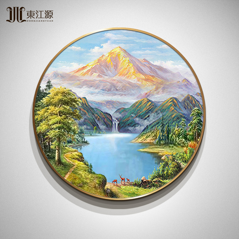 手绘油画玄关装饰画欧式美式轻奢山水画圆形风景金山聚宝盆大芬村图片