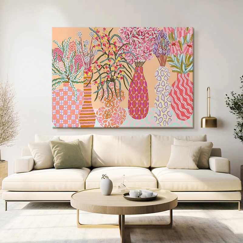 暖色横幅手绘油画卧室床头小众花卉花瓶装饰画餐厅客厅挂画肌理画图片