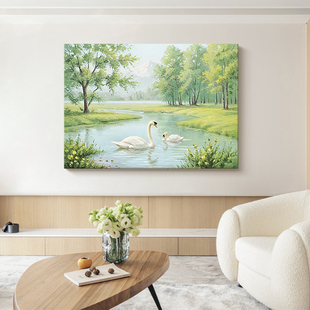 湖光山色奶油风风景手绘油画天鹅戏水餐厅装饰画客厅背景墙画