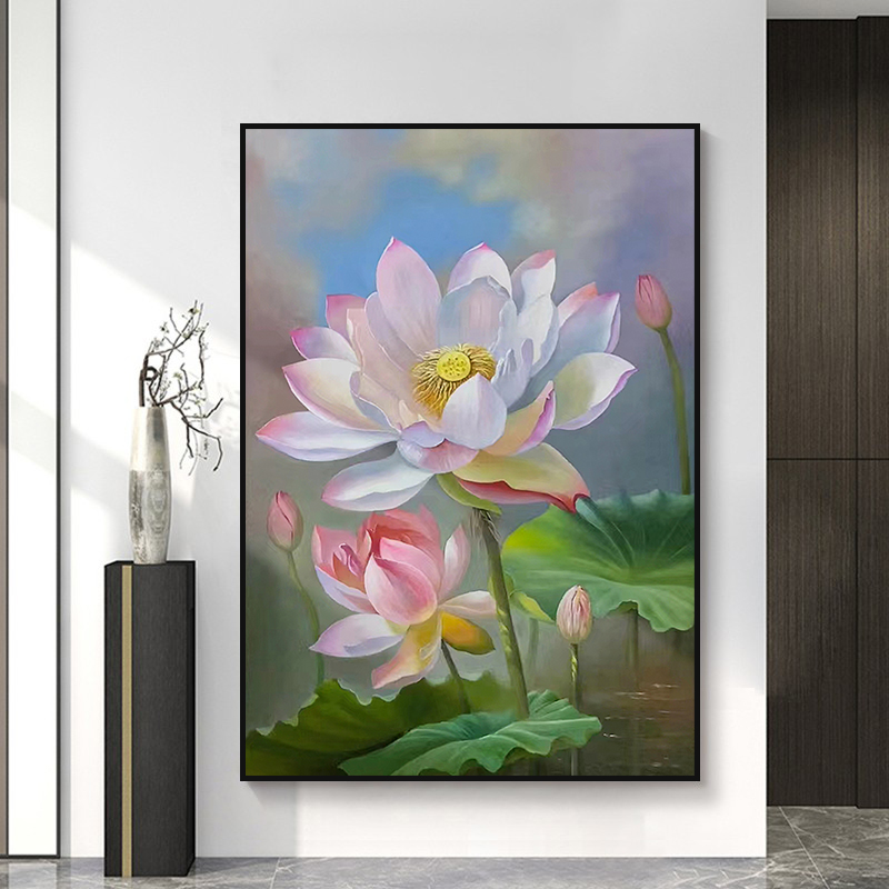 荷花手绘油画新中式入户玄关装饰画客厅餐厅走廊过道和和美美挂画图片