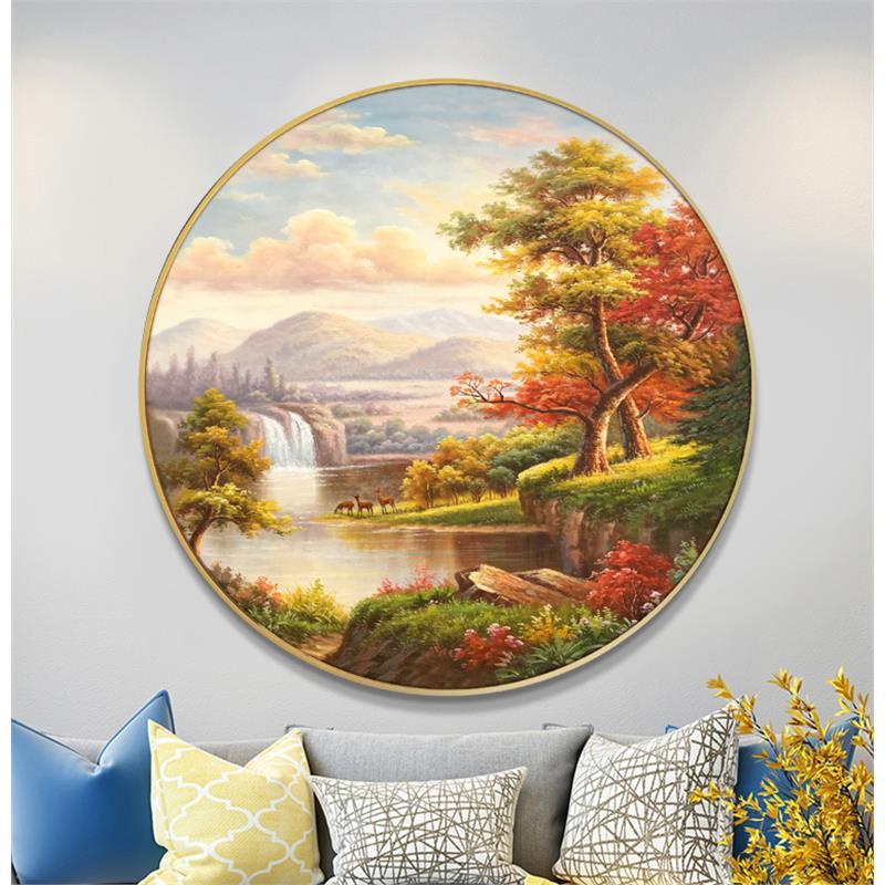 油画挂画纯手绘装饰画圆形欧式风景山水玄关画客厅餐厅立体画定制图片