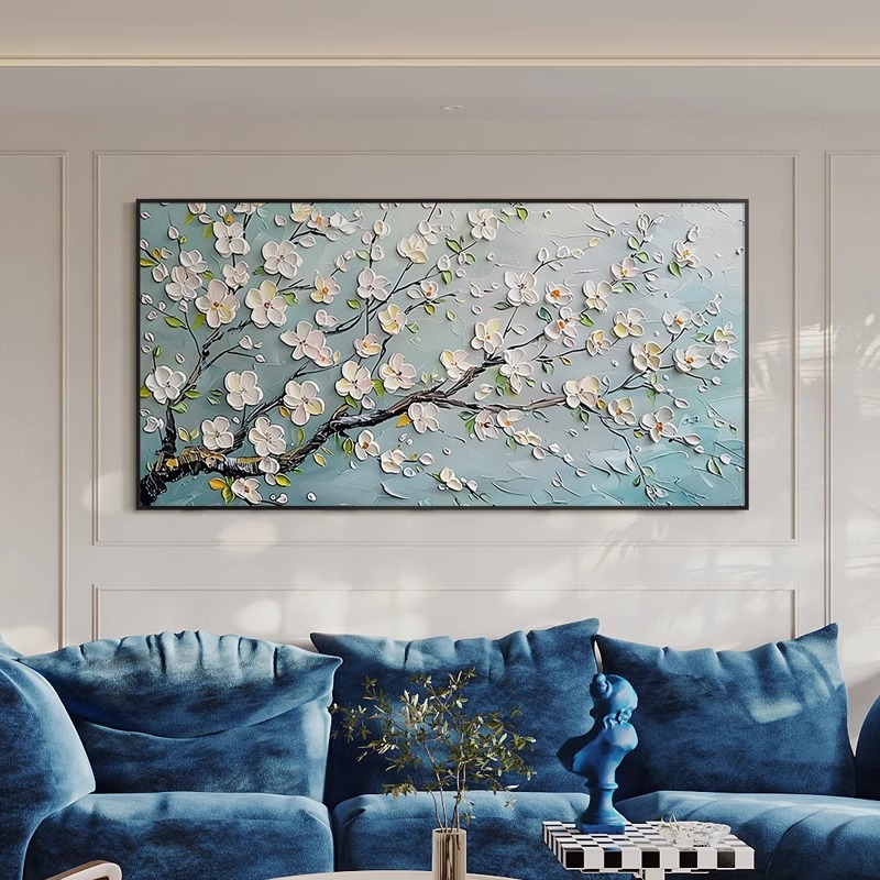 蓝色花卉客厅横副手绘油画大芬村沙发背景挂画意式餐厅壁画床头画图片