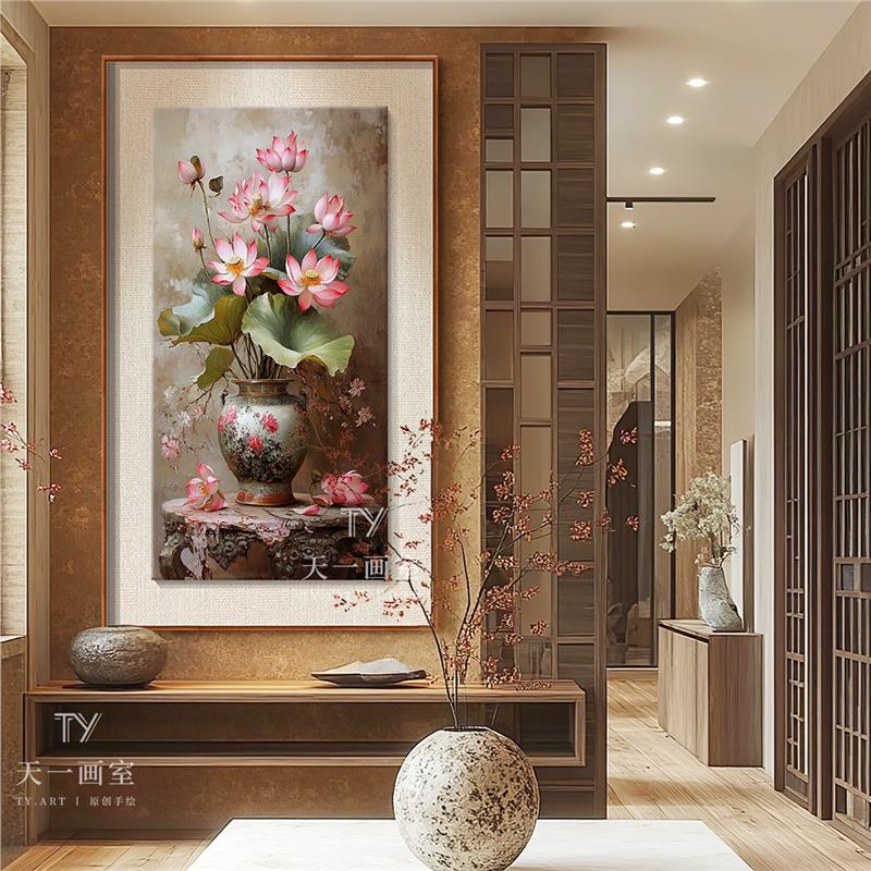 荷花纯手绘油画新中式入户玄关装饰画超写实花卉高档别墅客厅挂画图片