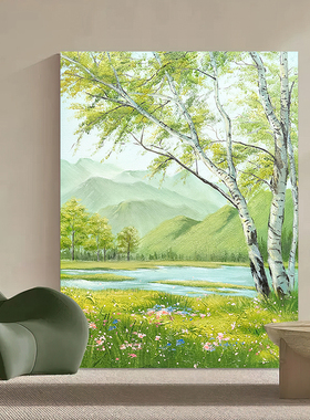 HESD.ART原创手绘油画《春野清悠》简约现代玄关客厅风景装饰挂画
