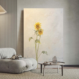 奶油风现代简约手绘油画向日葵花卉客厅装饰画原木风玄关肌理挂画