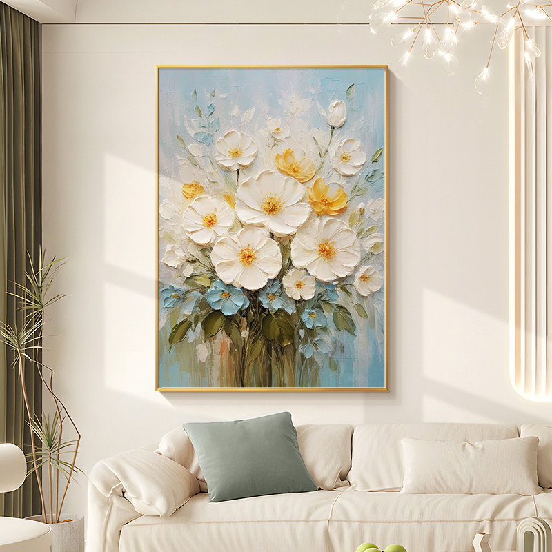 牡丹花手绘油画肌理简约奶油风客厅背景墙走廊挂画入户玄关装饰画图片