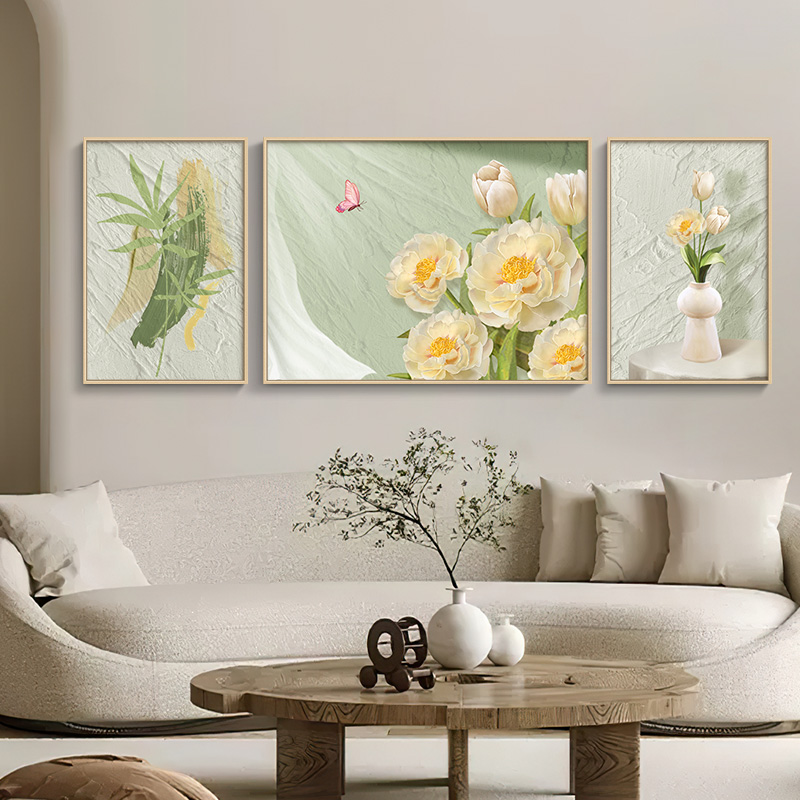 纯手绘油画奶油风沙发背景墙壁画北欧客厅装饰画牡丹花卉三联挂画图片