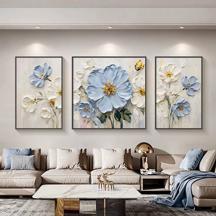 现代轻奢客厅装饰画三联抽象花卉手绘油画金箔简约大气沙发墙挂画