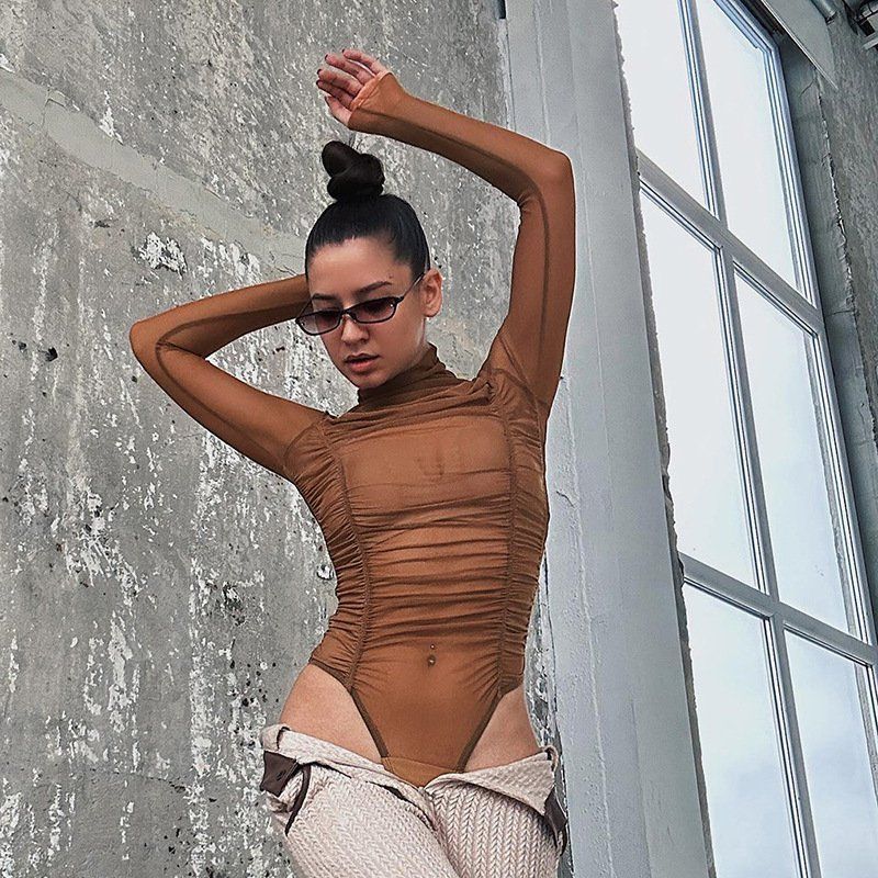 长袖T恤女美式别致辣妹网纱透视感时髦高腰修身型褶皱连体衣