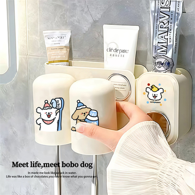 线条小狗漱口杯壁挂式免打孔洗漱套装家用卫生间牙刷牙膏置物架