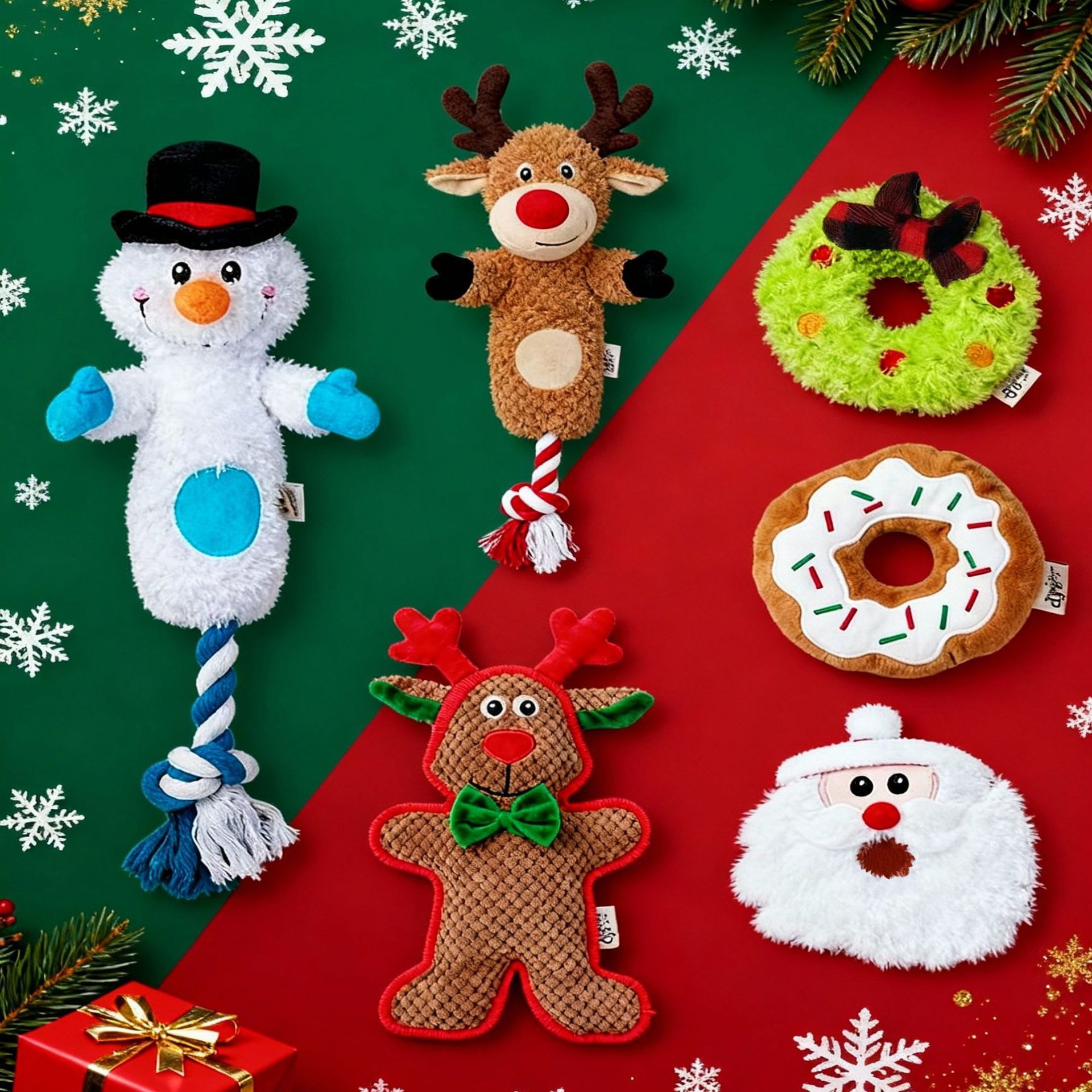 AFP圣诞节宠物玩具绳结玩具狗狗啃咬玩具套装雪人麋鹿发声甜甜圈