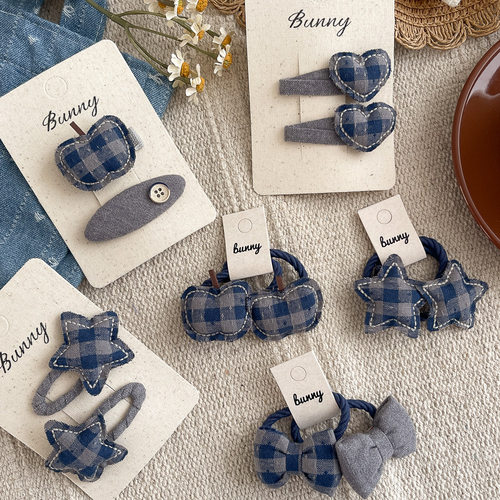 复古灰蓝格爱心苹果儿童发夹时尚蝴蝶结发圈布艺碎发刘海侧边夹子