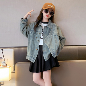 女童牛仔衣秋款2023新款儿童女大童春秋装洋气宽松不规则牛仔外套