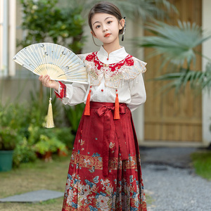 女童织锦马面裙2024新款春装童装中国风中大童汉服红色裙子两件套