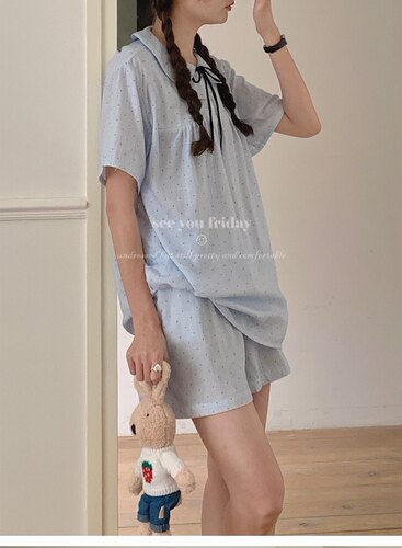 双层棉纱娃娃领家居服女波点睡衣