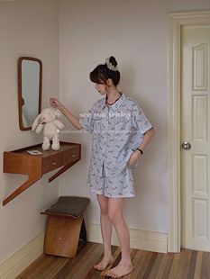 翻领条纹双层棉纱家居服套装 短裤 短袖 可爱小狗印花纯棉睡衣女夏季