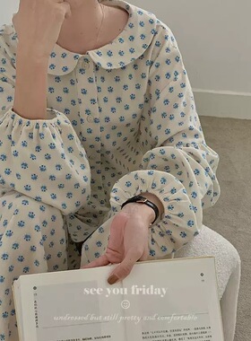 娃娃领磨毛睡衣女士秋冬长袖长裤翻领甜爪印花纯棉亲肤家居服套装
