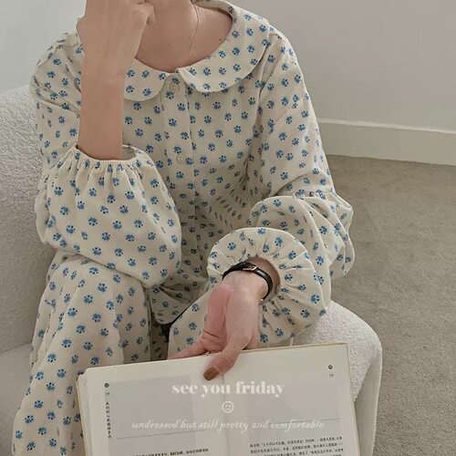 猫爪印花磨毛纯棉家居服女秋睡衣
