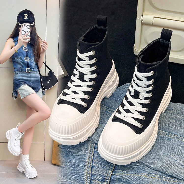 高帮帆布鞋女款2024新款春秋季爆款厚底百搭休闲女鞋ins潮板鞋子