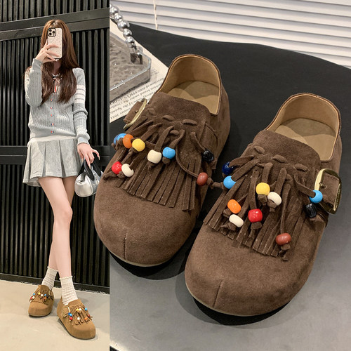 复古流苏设计松糕底勃肯鞋女
