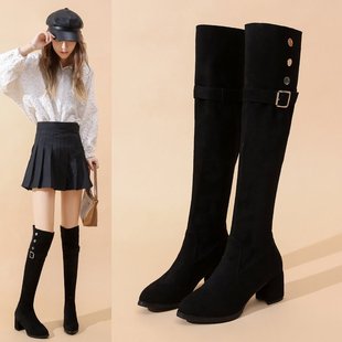 两穿磨砂过膝长筒靴子女2024秋季 长靴不掉筒冬加绒弹力瘦瘦靴 新款