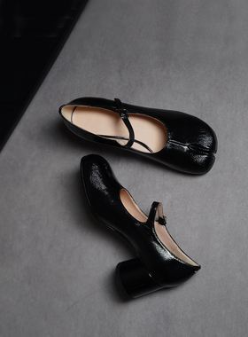 Ls' rommors 一眼识髦 摔纹羊皮粗跟tabi分趾鞋女高跟玛丽珍单鞋