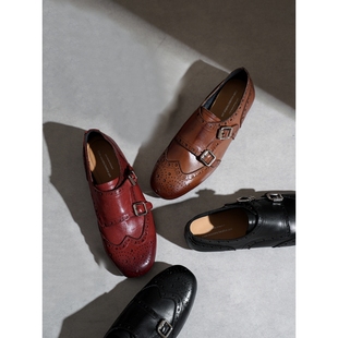 Queen 轻奢复古 女皮带扣孟克大码 布洛克雕花乐福小皮鞋