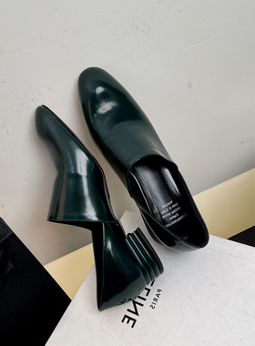 Le' Queen原创设计感 侧空开边珠牛皮简约小皮鞋绿色单鞋圆头低跟