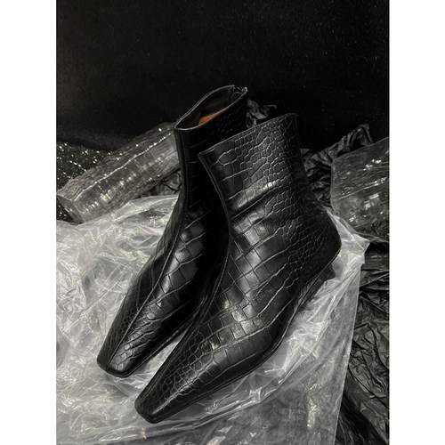 法式踝靴小坡跟炸裂鳄鱼纹短靴