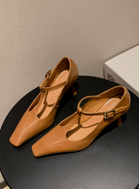 Le' Queen 超美方头设计感 法式羊皮高跟T型扣带玛丽珍鞋方跟单鞋